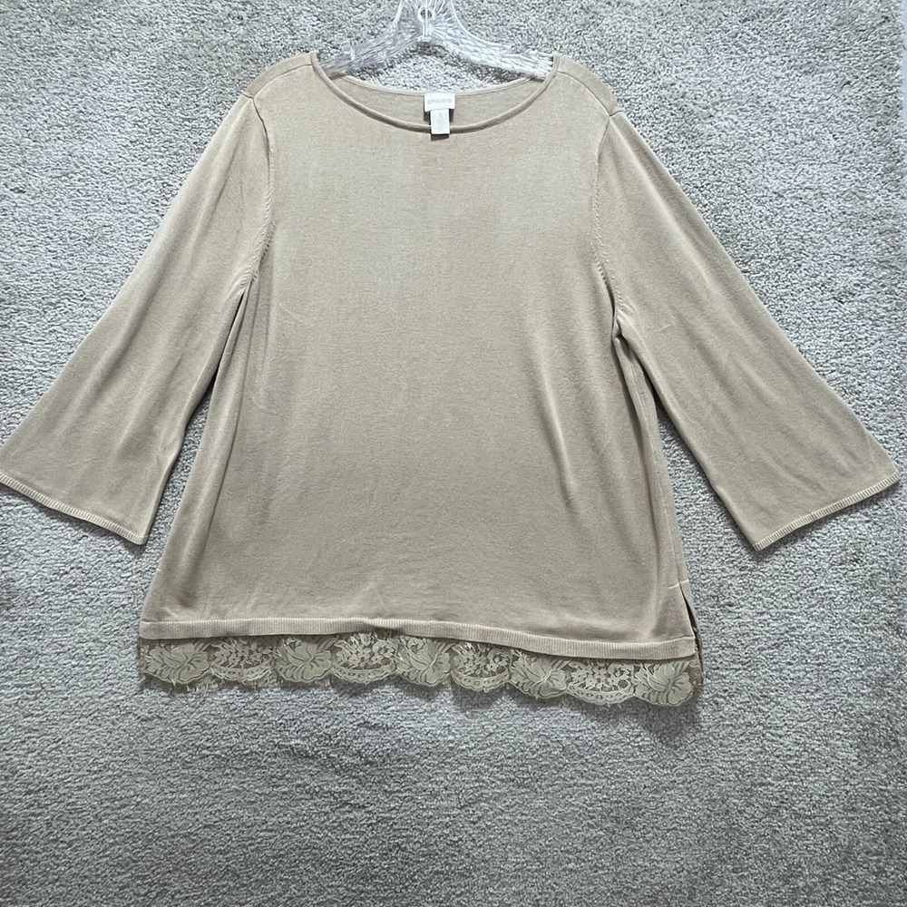 Chico's Sweater Womens 3 Tan Beige Lace Trim Pullover 3/4 Sleeve Knit Round Neck